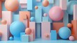 b'3D rendering of geometric shapes with balls and blocks in pastel colors'