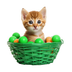 Wall Mural - A playful kitten lies in a basket with green balls Isolated on a white background