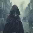A man wearing a gas mask and a black cloak stands in a foggy street.