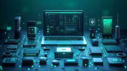3d render of a computer monitor displays a complex network of wires and devices,digital and technology concepts