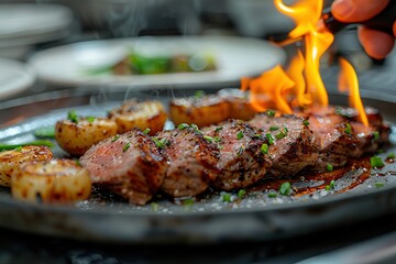 Wall Mural - A chef is using an engine flame to brown the top of sliced lamb with baby white leeks on a plate in a restaurant kitchen.