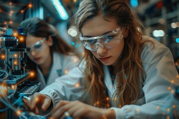 Poster - A focused female scientist examining samples with festive lights reflecting on protective goggles
