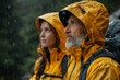 © Larisa AI - A thoughtful senior couple gazing into the distance while wearing yellow rain gear