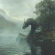 A green dragon emerges from the misty lake
