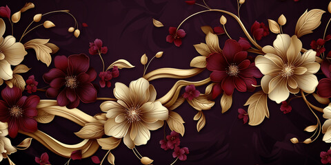 Wall Mural - Rich burgundy and gold flowers intertwining to create an elegant seamless backdrop.