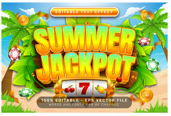 Wall Mural - summer jackpot 3d text effect and editable text effect with illustration of summer on the beach