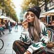 Woman in the streets smoking cannabis weed in public. Outdoor cafe. Pedestrian zone. Marijuana ganja joint cigarette. Hemp leaf clothes. Legalization. 420. CSC. Cannabis patient. Berlin. Generative AI