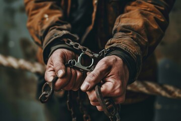 A man prisoner with chained Hands, Man in handcuffs, Close-up, man in handcuffs. Arrested man handcuffed hands, Ai generated