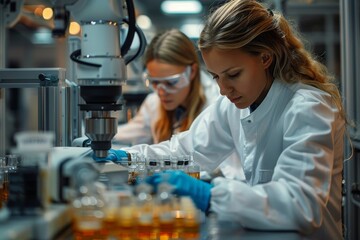 Poster - Detailed shot of a scientist meticulously using a microscope in a high-tech laboratory setting, focus on equipment and process