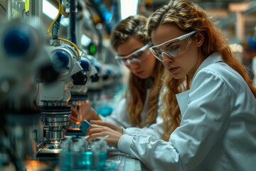 Poster - Two laboratory technicians in a modern lab setting intently focused on scientific research activities
