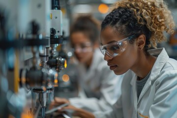 Poster - A scientist in a lab coat intensely focused on adjusting the microscope for an experiment