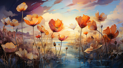 Wall Mural - Sun-kissed tulips and daffodils swaying gently amidst a sea of verdant foliage, their vibrant hues juxtaposed against a dreamy, ethereal backdrop of soft clouds and golden sunlight.