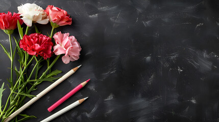 Wall Mural - Blackboard background with red and pink carnation flowers, coloring pencils. Copy space area. Teachers day. Back to school. Student day