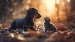 Doberman puppy and kitten in autumnal light, a tranquil scene of interspecies friendship, Concept of animal bonding and peaceful coexistence