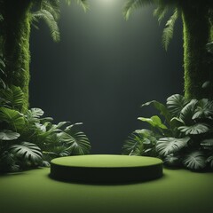 Canvas Print - empty stage podium with green leaf and grass.