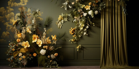 Wall Mural - Warm ochre and olive green florals dancing seamlessly, evoking a sense of nature.