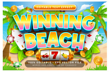 Poster - winning beach 3d text effect and editable text effect with illustration of summer on the beach