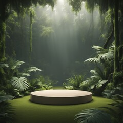 Poster - empty wooden podium with grass and trees in nature background. 3d rendering, illustration.