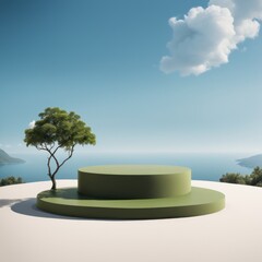 Wall Mural - green landscape with blue sky, mountains and sea, 3d rendering.