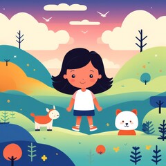 Canvas Print - cute little girl and dog in the field, flat cartoon vector illustration