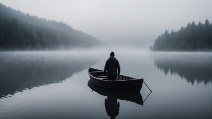 man standing in a boat in the middle of a lake