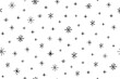 Seamless pattern of snowflakes. Cute Christmas elements in doodle style. Great for design, greeting card, decoration, wrapping, textile. Hand drawn. Vector illustration. Isolated on white