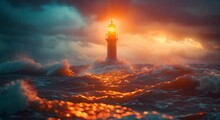 A Detailed View Of A Lighthouse Shining Over A Sea, Guidance, Blurred Stormy Waters