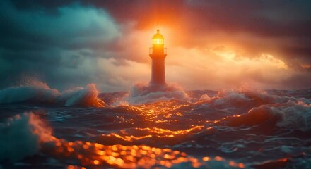 Wall Mural - A detailed view of a lighthouse shining over a sea, guidance, blurred stormy waters