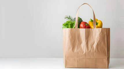 Brown Paper bag with groceries, isolated on white background with copy space