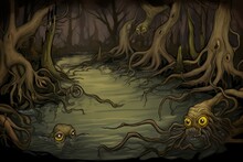 A Dark Swamp With Twisted Trees And Strange Creatures Lurking In The Water And Trees.