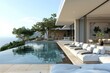 Contemporary outdoor lounge area overlooking a crystal-clear swimming pool.