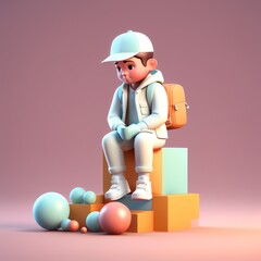 Canvas Print - 3d illustration of a little kid with big ball