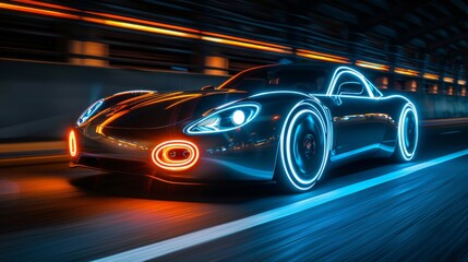 Wall Mural - Illustrate a neon light installation of a vintage car, speeding through the night with its luminous headlights and sleek silhouette.