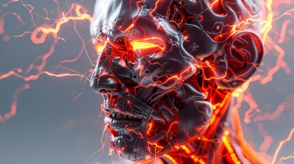 A man's face is covered in red flames, giving the impression of a futuristic