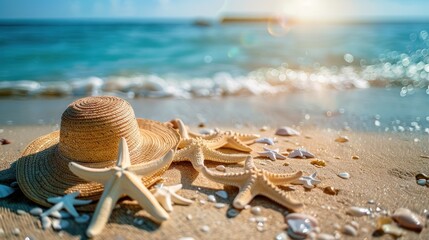 A serene beach scene featuring a straw hat and starfish among shells on the sand, showcasing the tranquility of the seaside