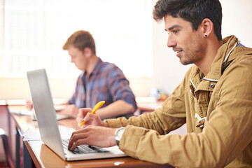 Aufkleber - College student, man and laptop with typing in classroom for studying, research or assessment for development. Person, education and learning on computer to search for academic article at university