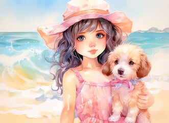 Cute anime girl with a puppy on the beach. Illustration in a pastel colors, summer vacation theme. Design for children's books, posters, and lifestyle merchandise.