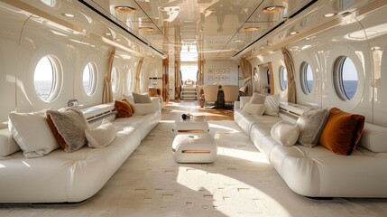 Poster - Wide-angle view of the living room inside an aircraft fuselage house, with a vaulted ceiling and exposed metal beams, creating