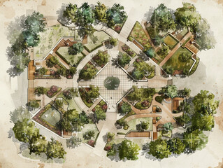 An old sketch-style landscape plan for an urban park featuring two main entrances leading into distinct squares from different points. The park is designed on a rectangular plot surrounded by lush pla