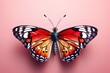 A butterfly with orange wings is sitting on a pink background