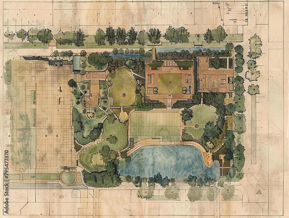 An old sketch-style landscape plan for an urban park featuring two main ...