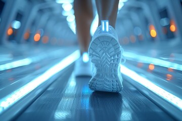 Poster - Close-up on a sneaker walking down a neon-lit corridor with sci-fi vibes suggesting movement and futurism