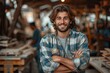 © Larisa AI - Confident young man with curly hair and a plaid shirt stands with arms crossed in a workshop
