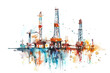 Minimalistic watercolor illustration of drilling rigs on a white background, cute and comical