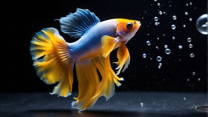 The moving moment beautiful of siamese betta fish or half moon betta splendens fighting fish