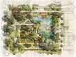 An old sketch-style landscape plan for an urban park featuring two main entrances leading into distinct squares from different points. The park is designed on a rectangular plot surrounded by lush pla