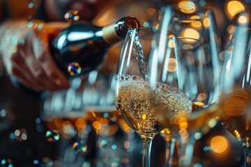 Poster - A festive scene of champagne being poured into multiple glasses, highlighted by golden bokeh background