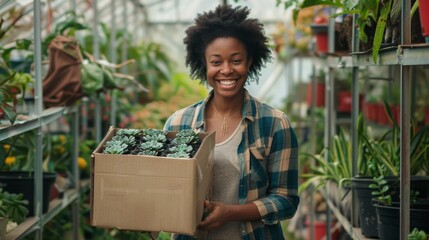 Canvas Print - Smiling Woman Holding Plant Box