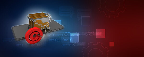 Poster - 3D rendering Yellow folder and copyright lock in mobile phone. Data security concept 