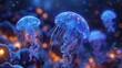 Bioluminescent Jellyfish, Clear Tentacles, Glowing under the Moonlight, Serene Night Ocean Scene, 3D Render, Silhouette Lighting, Bokeh Effect